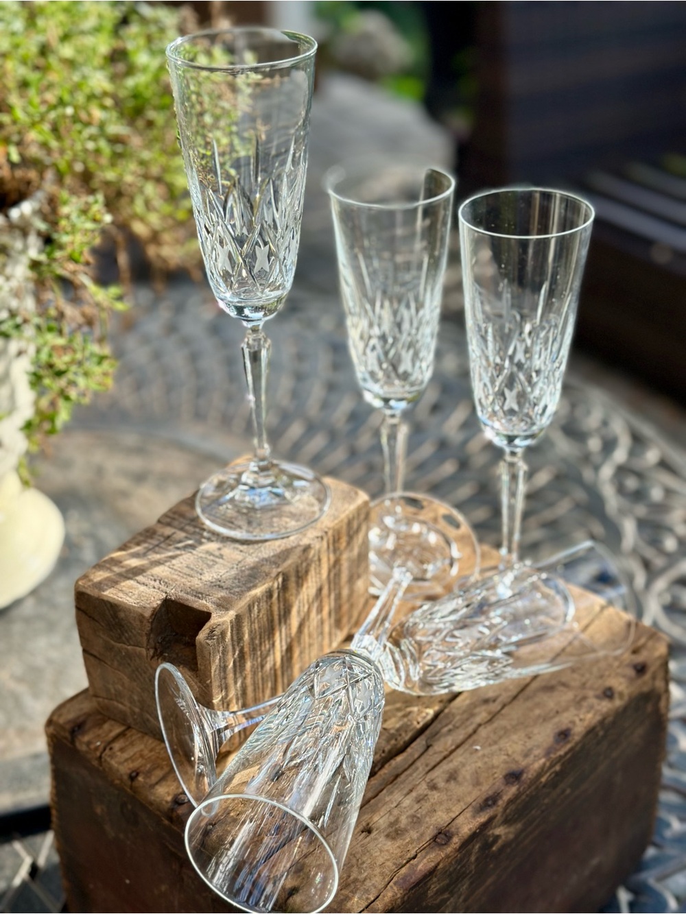 Vintage Cut Crystal Champagne Flutes Set of 4 Faceted Stem 9 Inch